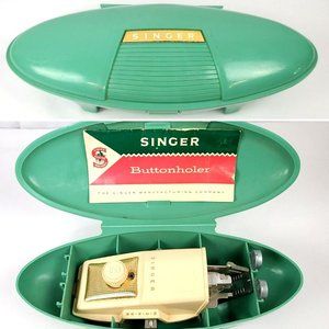 Vintage 1960s Singer Buttonholer Green Clam Case Sewing Accessories with MANUAL